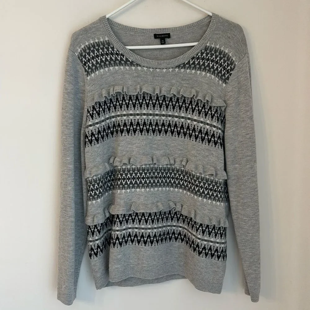 Talbots Women’s Fair Isle Lambs wool blend ruffle knit sweater gray black XL EUC